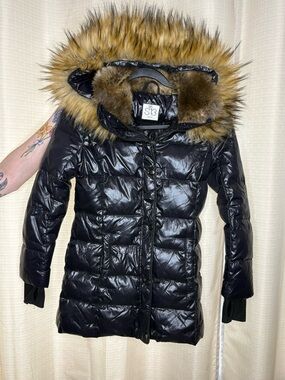 S13 Black Duck Down Puffer Jacket with Faux Fur Trim